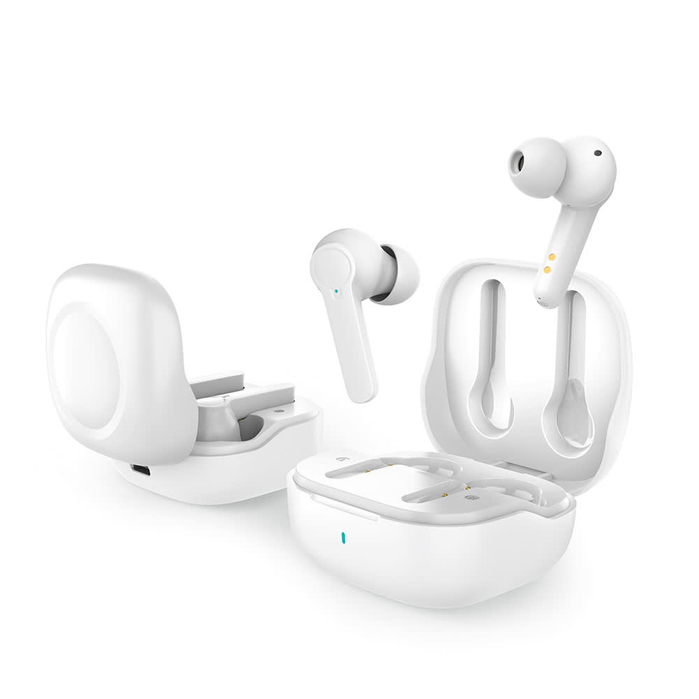 White wireless earbuds displayed with their charging case, featuring a sleek design and a branding logo.