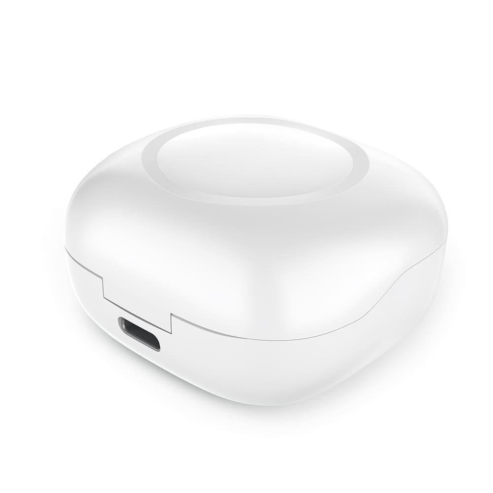 A white charging case for earbuds with a USB-C port, featuring a rounded design.