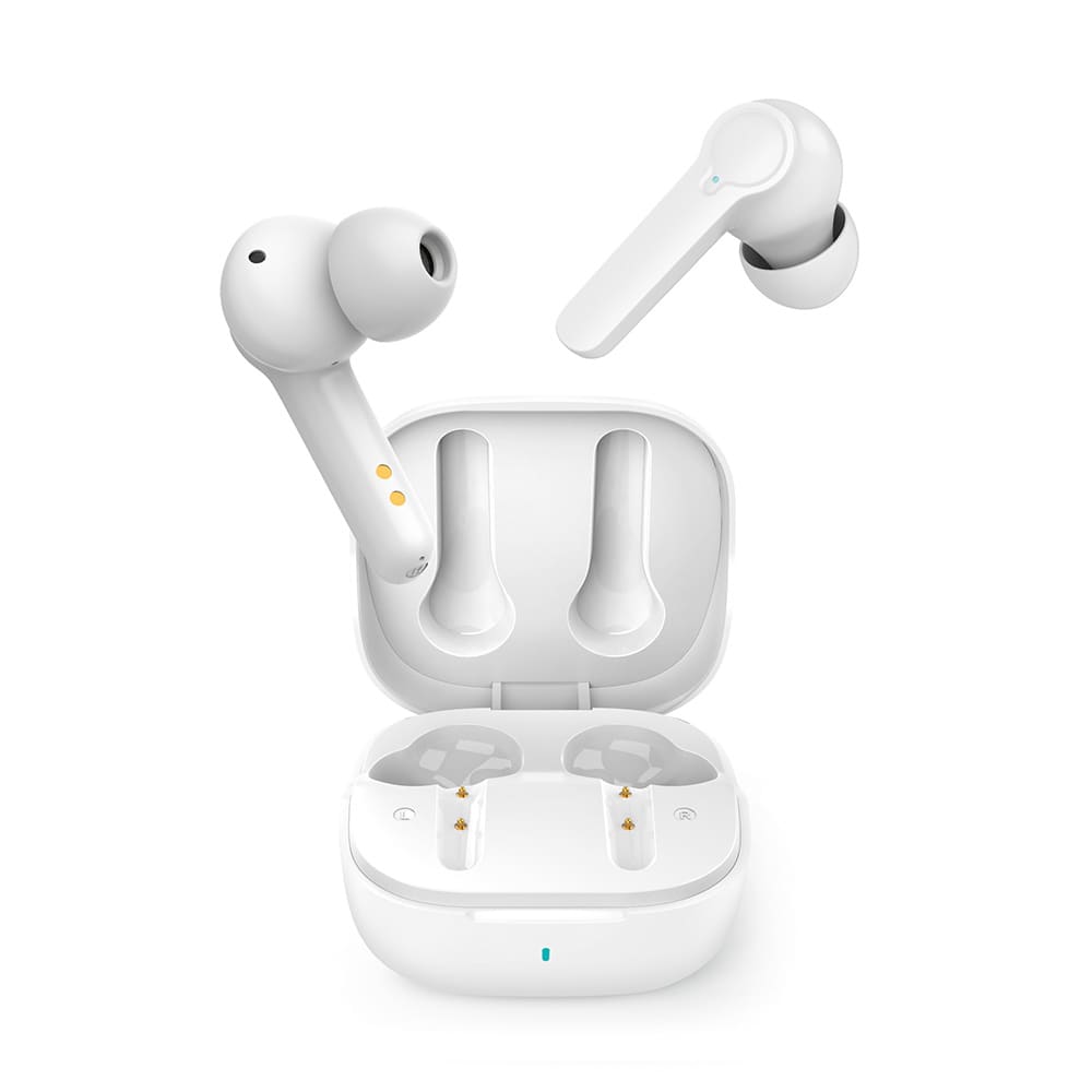 White earbuds with a charging case, featuring a sleek design and an embedded logo.