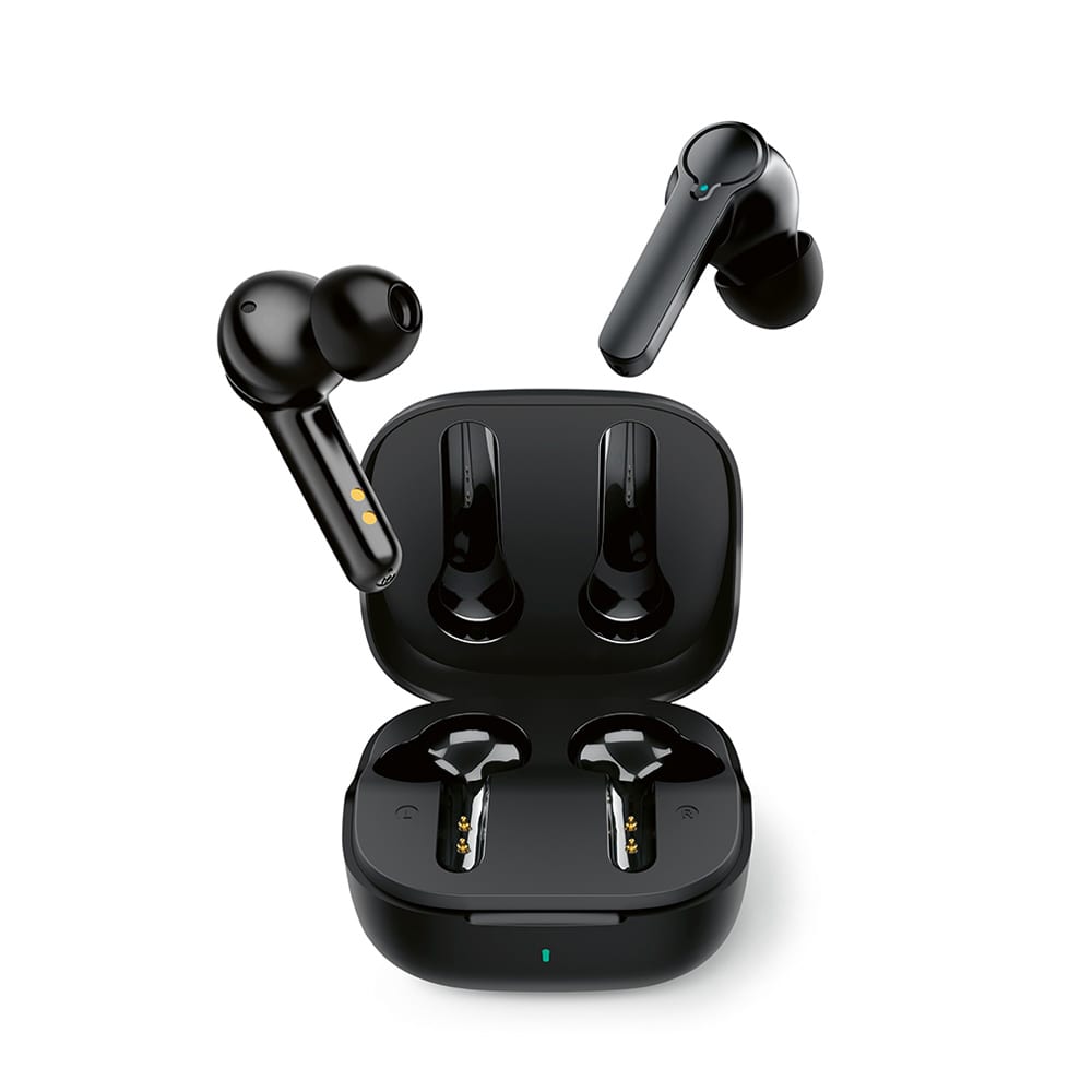 Black earbuds with a charging case, featuring an ergonomic design and an indicator light.