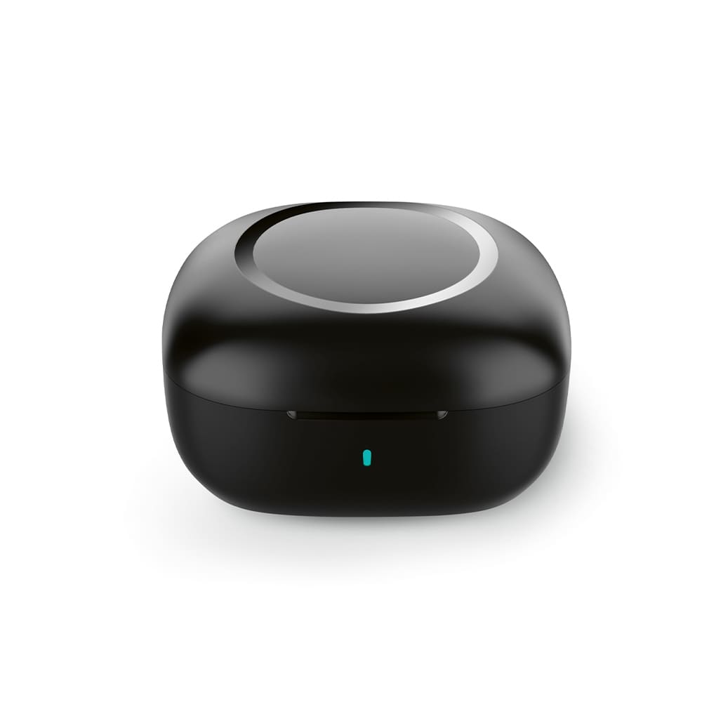 A black earbud charging case with a sleek, rounded design and a small indicator light.