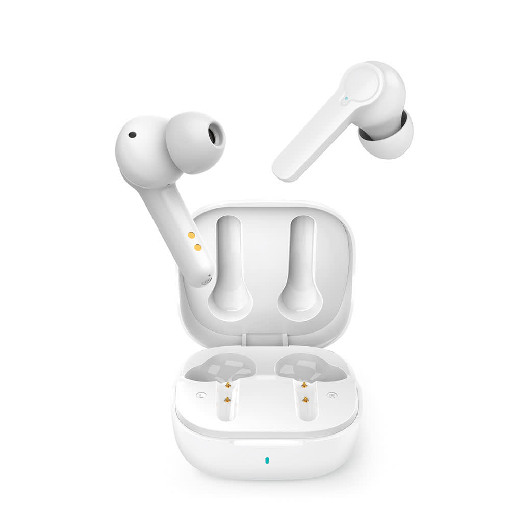 Wireless earbuds in white with a charging case. The case is open, showing two earbuds inside and one partially out.