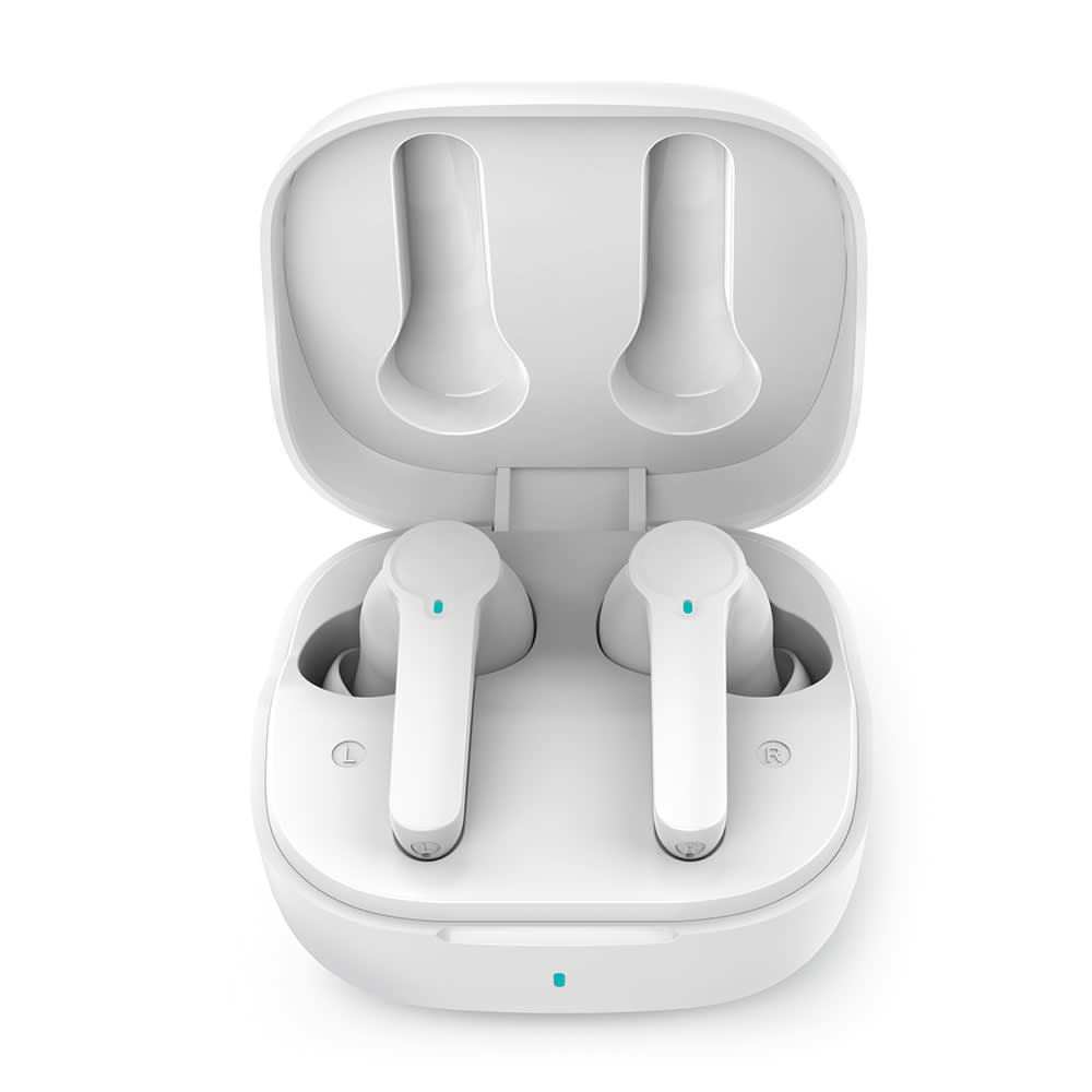 White earbuds in a charging case, with space for left and right earbuds. The case features a small logo.