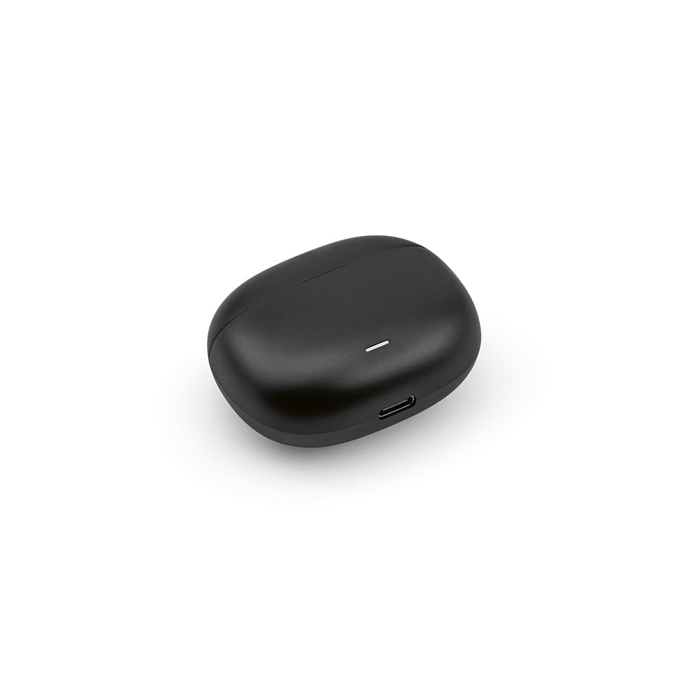 Black wireless earbuds case with a minimalist design, featuring a charging port.