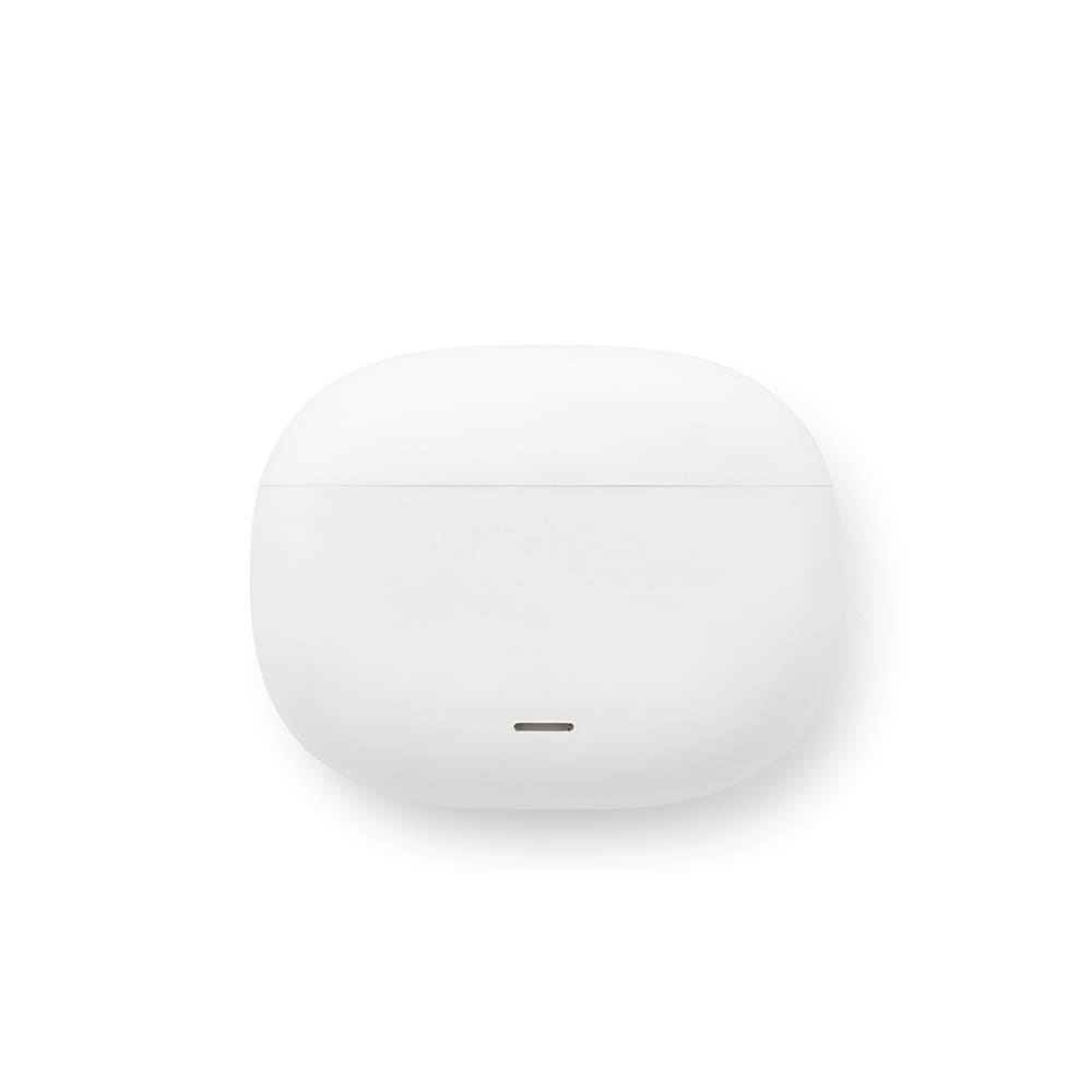 A white earbuds case with a small indicator light and a simple, rounded design. It features a logo on the surface.