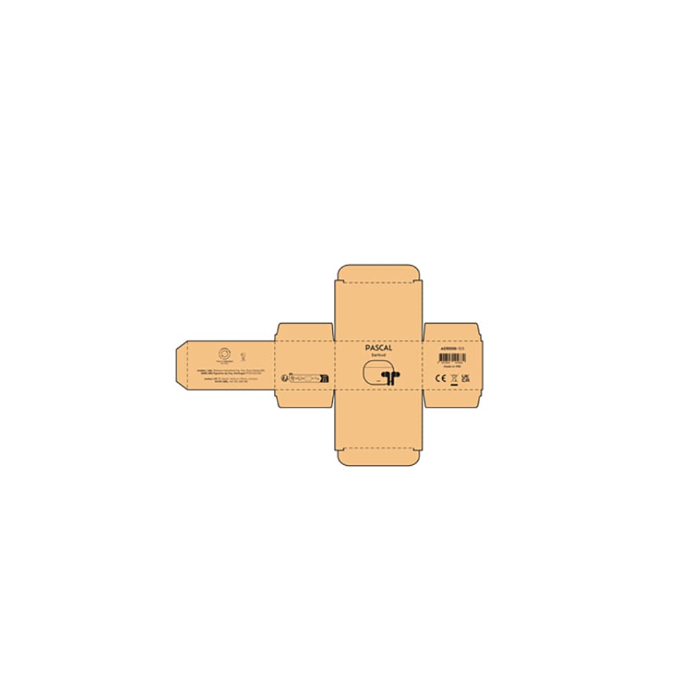 A packaging design for Pascal Earbuds, featuring an outline of the earbuds and a logo, in a brown cardboard style.