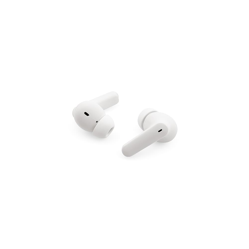 White earbuds with a sleek design, featuring a small microphone hole and a branding logo.