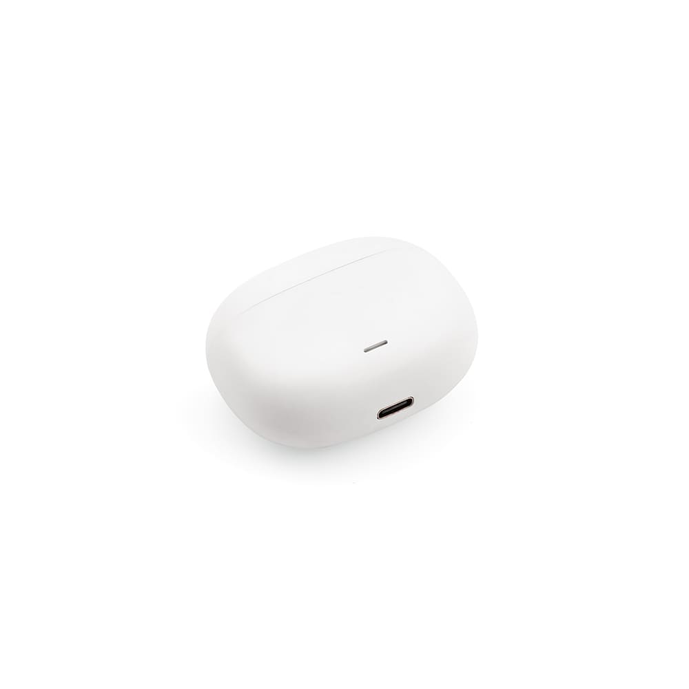A pair of white earbuds in a compact charging case, featuring a USB-C port. The case has a smooth finish and rounded edges.