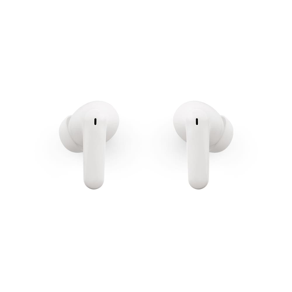 White wireless earbuds with a sleek design, featuring a logo on the side.