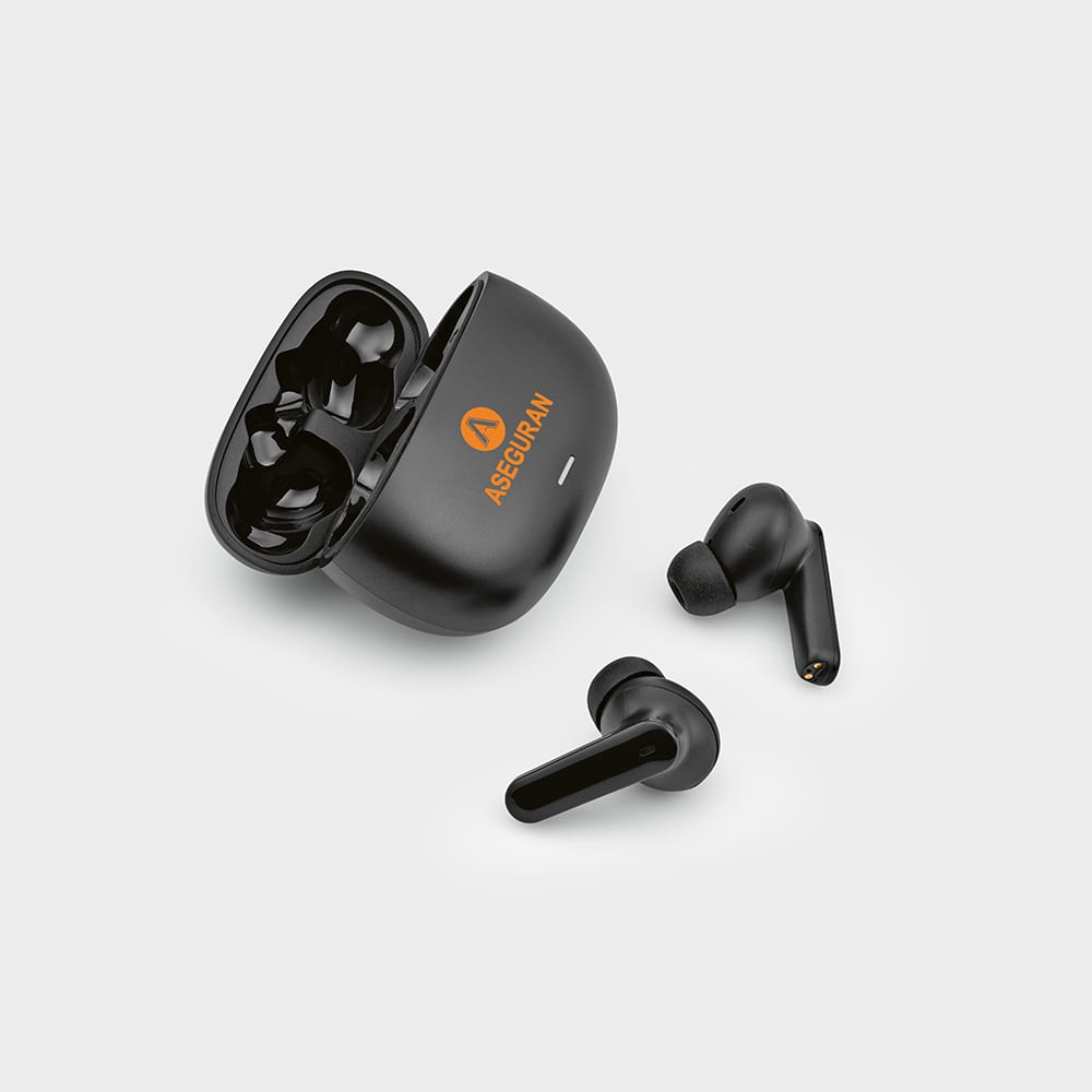 Black wireless earbuds with a matching charging case, featuring a logo on the case.