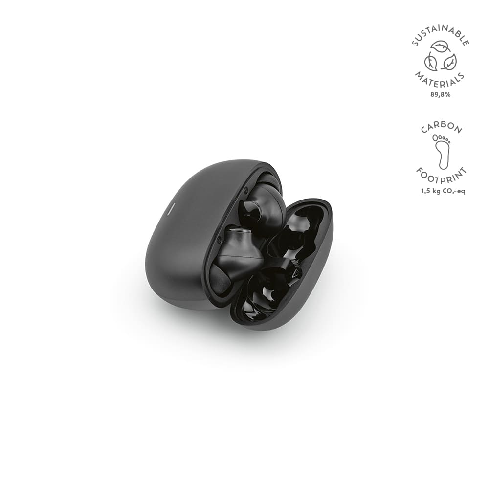Black wireless earbuds in a charging case with a sleek design, featuring sustainable materials and a brand logo.