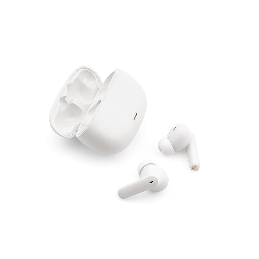 White wireless earbuds with a charging case, featuring a compact design and sleek appearance.