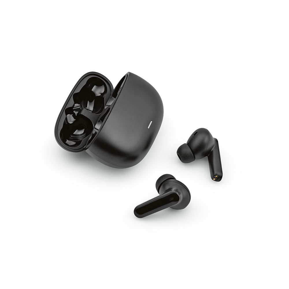 Black earbuds and charging case, featuring a sleek design with a shiny finish. Contains a logo on the case.