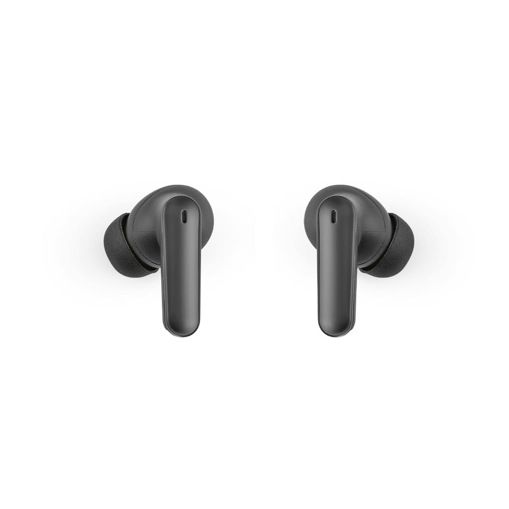 Wireless earbuds in black with a sleek design and silicone ear tips. Includes a logo on the side.