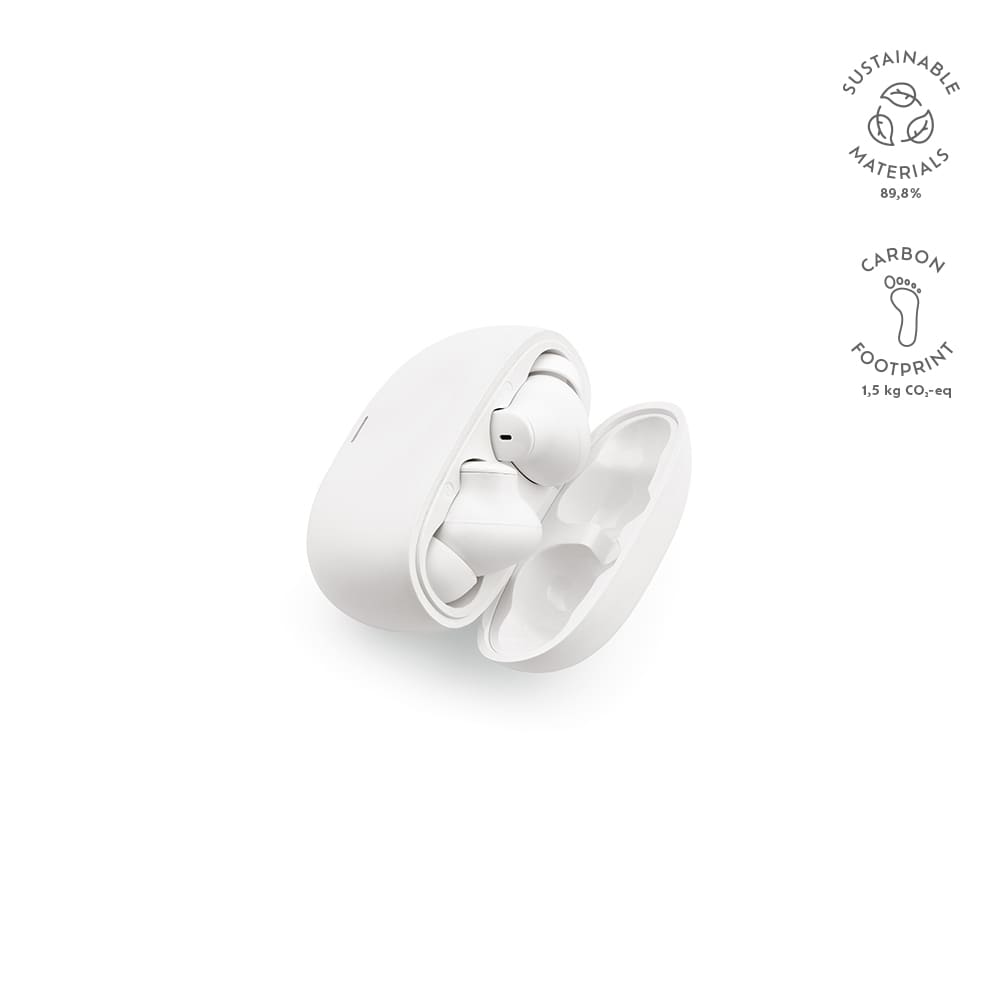 White earbuds in a charging case with a logo. The design reflects sustainability.