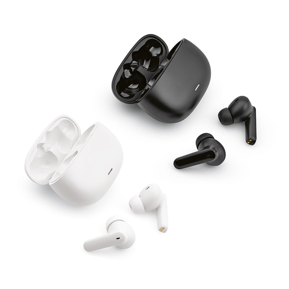 A pair of black and white earbuds placed near their charging cases, featuring a sleek design. The image includes logos.