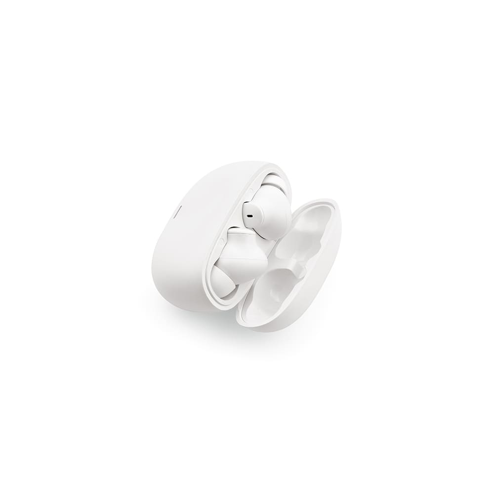 A pair of white earbuds in a white charging case, partially open. The case has a smooth, rounded design.