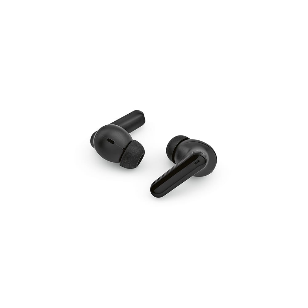 Black wireless earbuds with a sleek design, featuring rounded tips and a smooth surface. Includes a logo on one earbud.