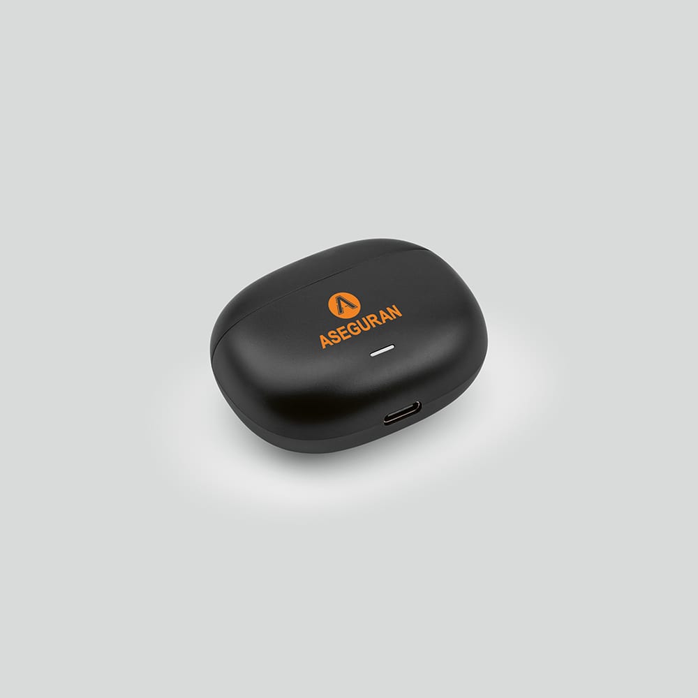 Black earbuds case featuring a logo and a USB-C charging port.