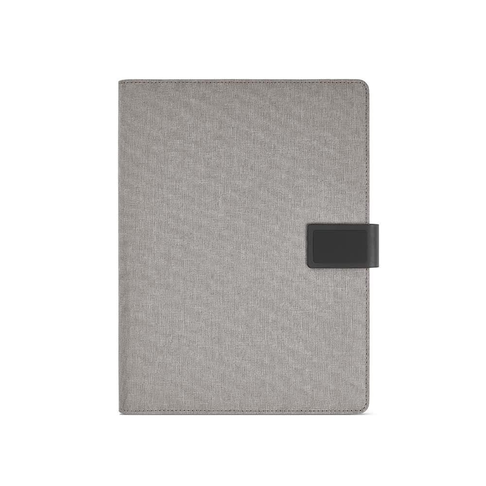 A grey A4 folder made from rPET with a notepad and a black rPU closure. It features a logo on the front.