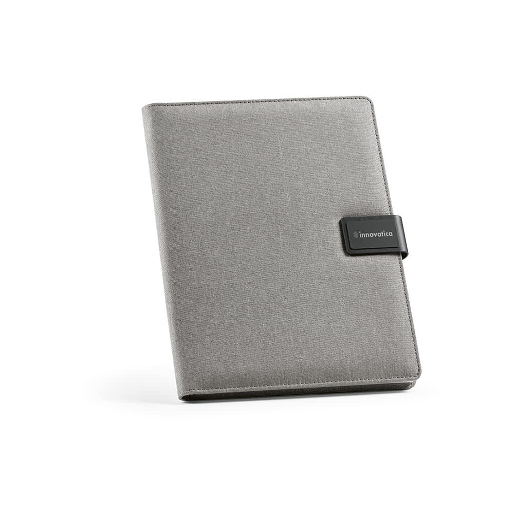 A grey A4 folder made from rPET with a black rPU closure and a logo on the front. Contains 64 FSC® sheet notepad.