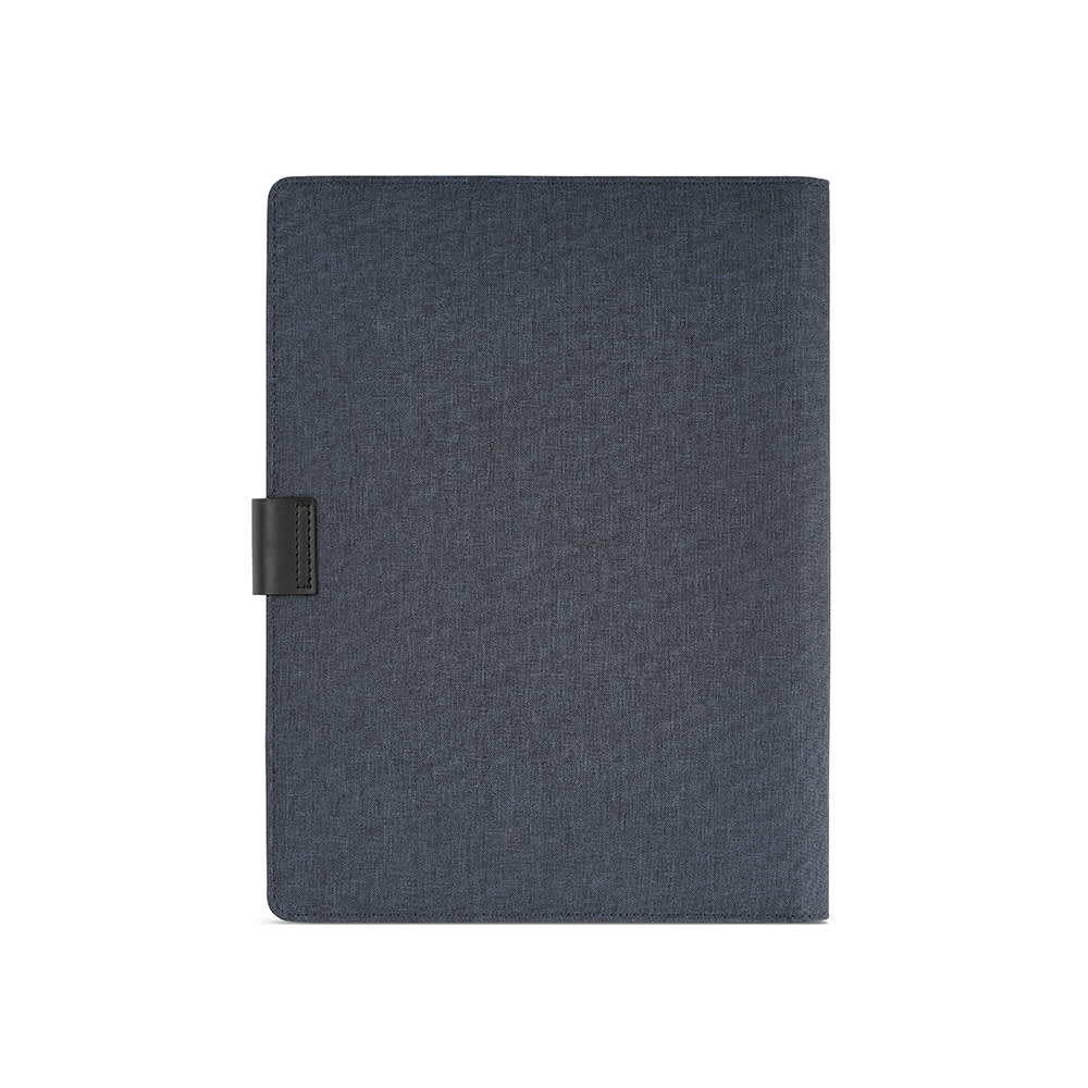 A dark blue folder with a textured fabric finish and a black closure. Features an internal notepad.