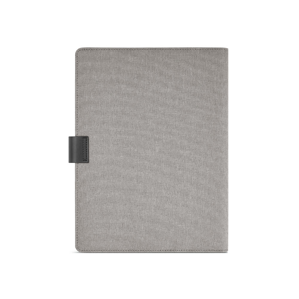 A grey A4 folder featuring a textured exterior and a black closure. It includes a 64-sheet FSC® notepad and has a logo.