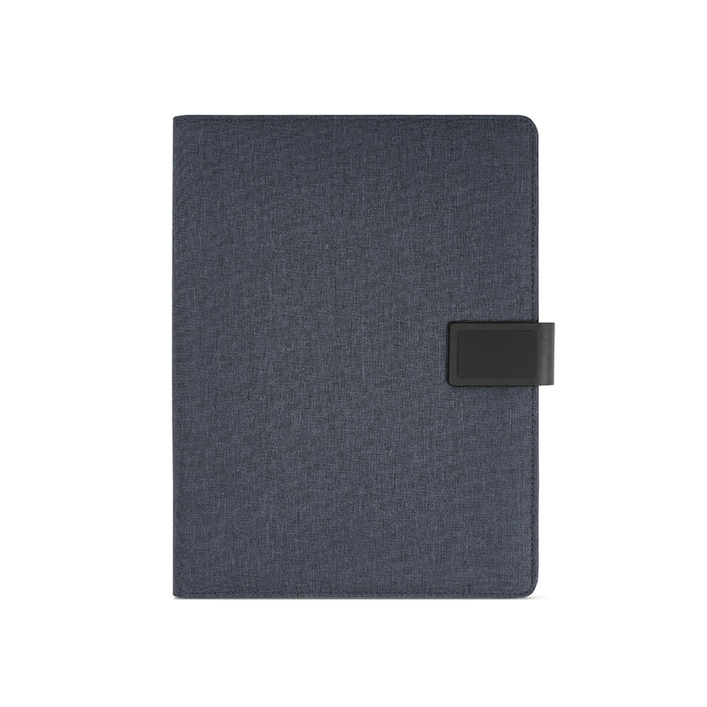 A navy A4 folder with a textured finish, featuring a black rPU closure and an internal notepad.