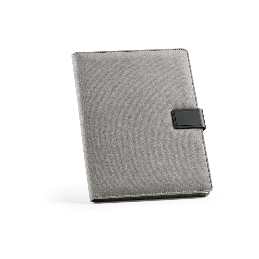 A grey A4 folder with a textured finish, featuring a black closure and containing 64 FSC® sheet notepad.