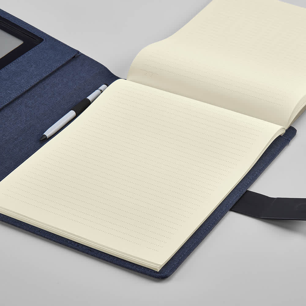 A dark blue folder with a clear pocket and an open notepad featuring lined pages.