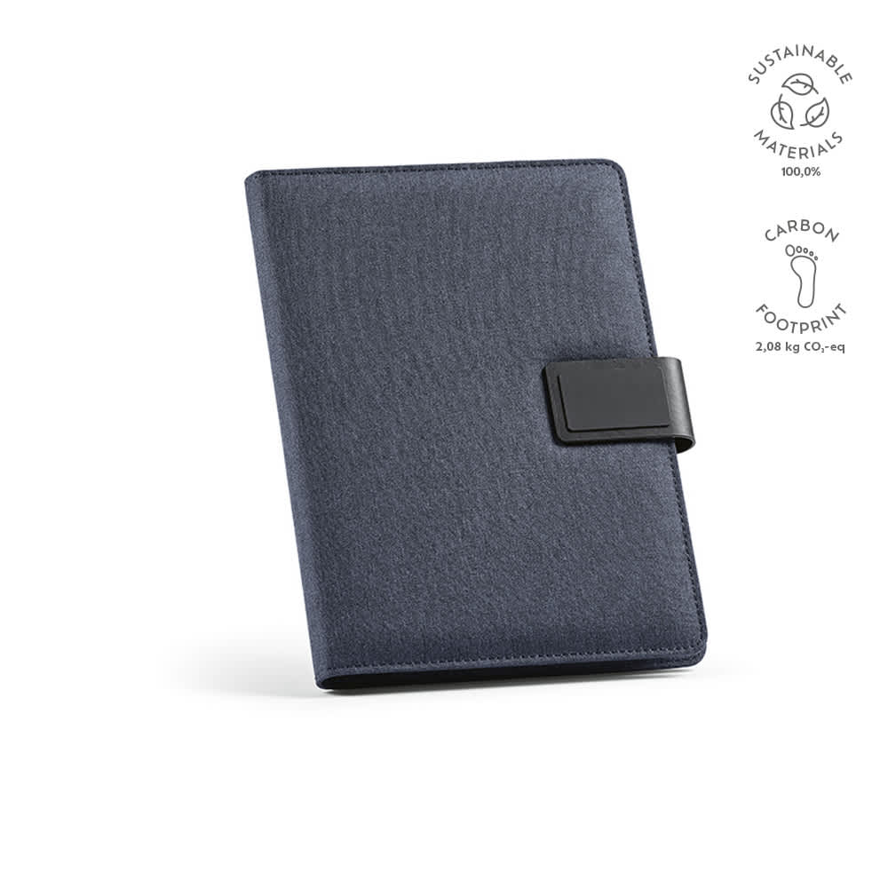 A navy A4 folder made from sustainable materials, featuring a notepad and a black rPU closure.