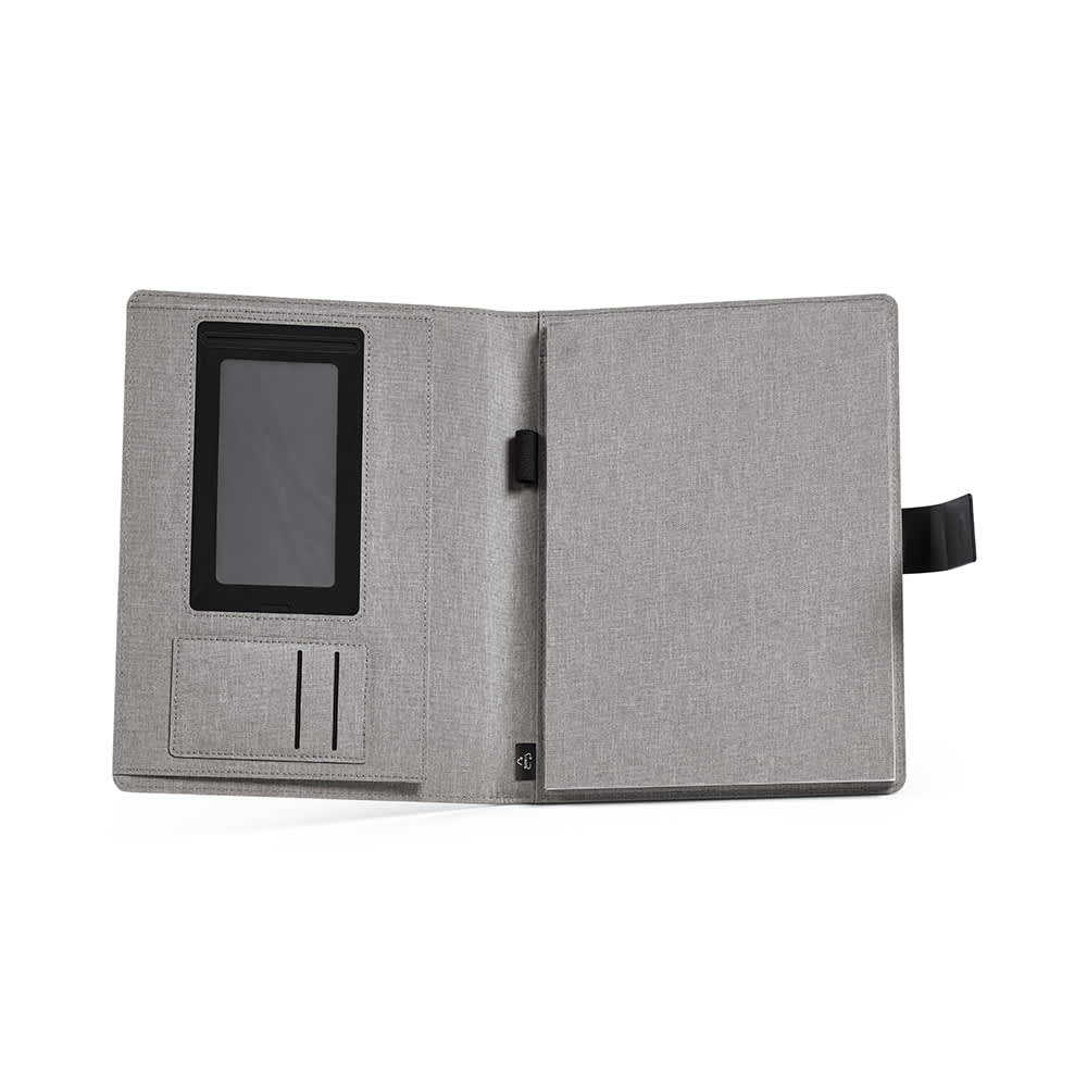 A grey A4 folder with a rPU closure, containing a 64-sheet FSC® notepad and pockets for cards.