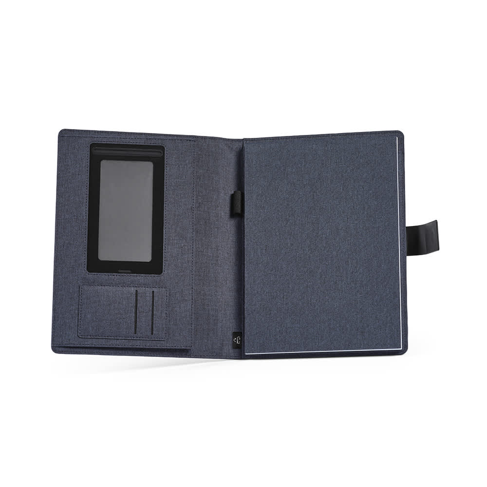 A dark blue A4 folder with a notepad, rPU closure, and a pocket for documents or a phone. Features a logo.