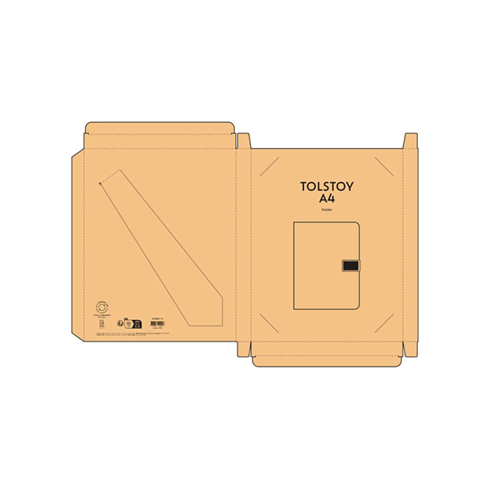 A tan A4 folder made from rPET, featuring a 64 FSC® sheet notepad and a rPU closure, with branding.