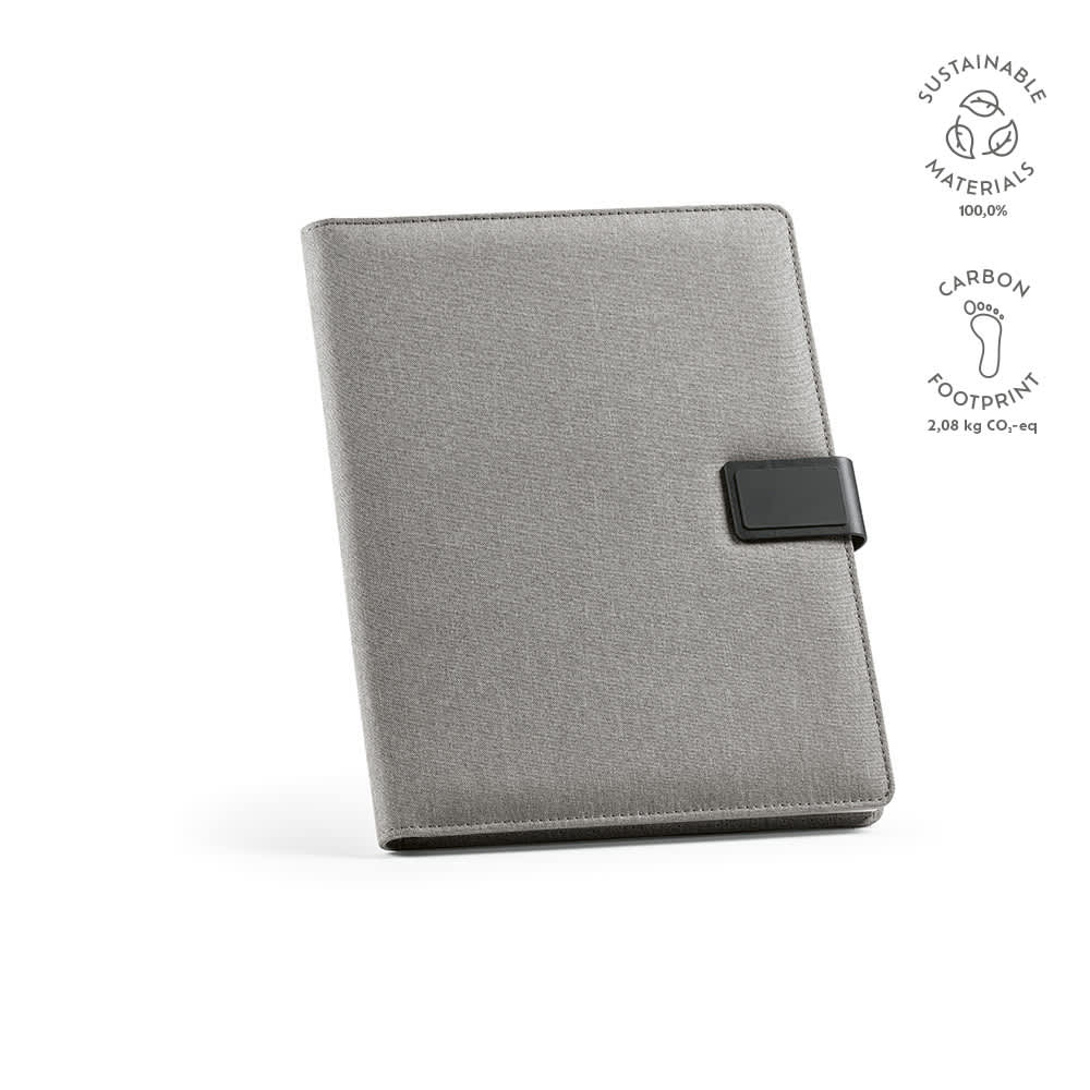 A grey A4 folder made from sustainable materials with a rPU closure, featuring a logo.