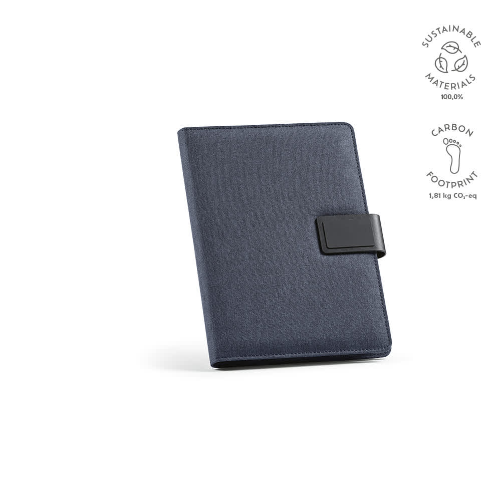 A navy A5 folder made from sustainable materials, featuring a rPU closure and an interior notepad.