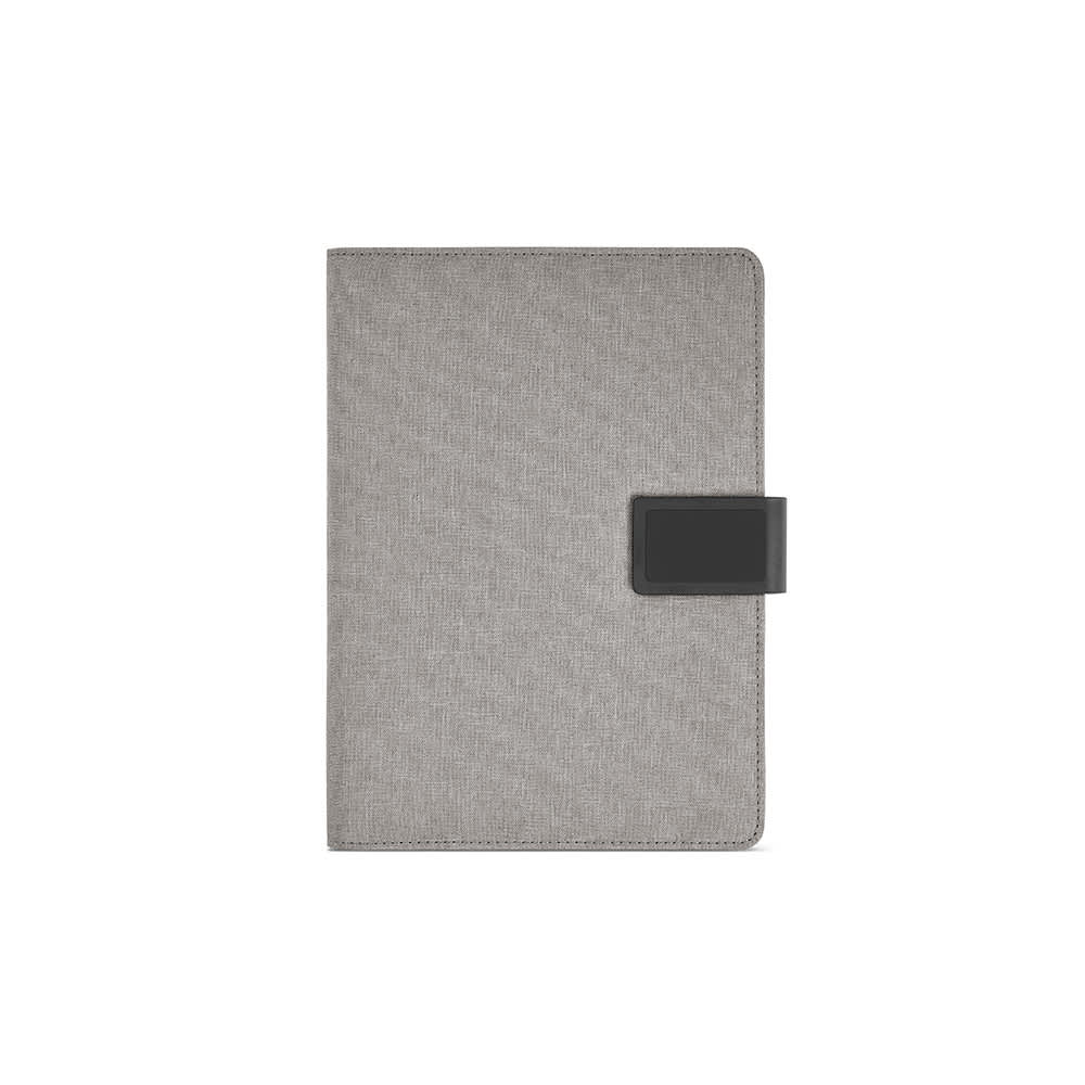 A grey folder with a textured finish and a black closure. Includes an A5 notepad with 64 FSC® sheets.