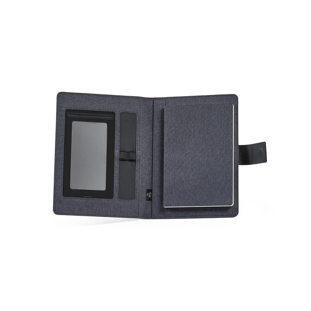 A dark grey A5 folder with a notepad and a pocket for a device, featuring a closure strap.