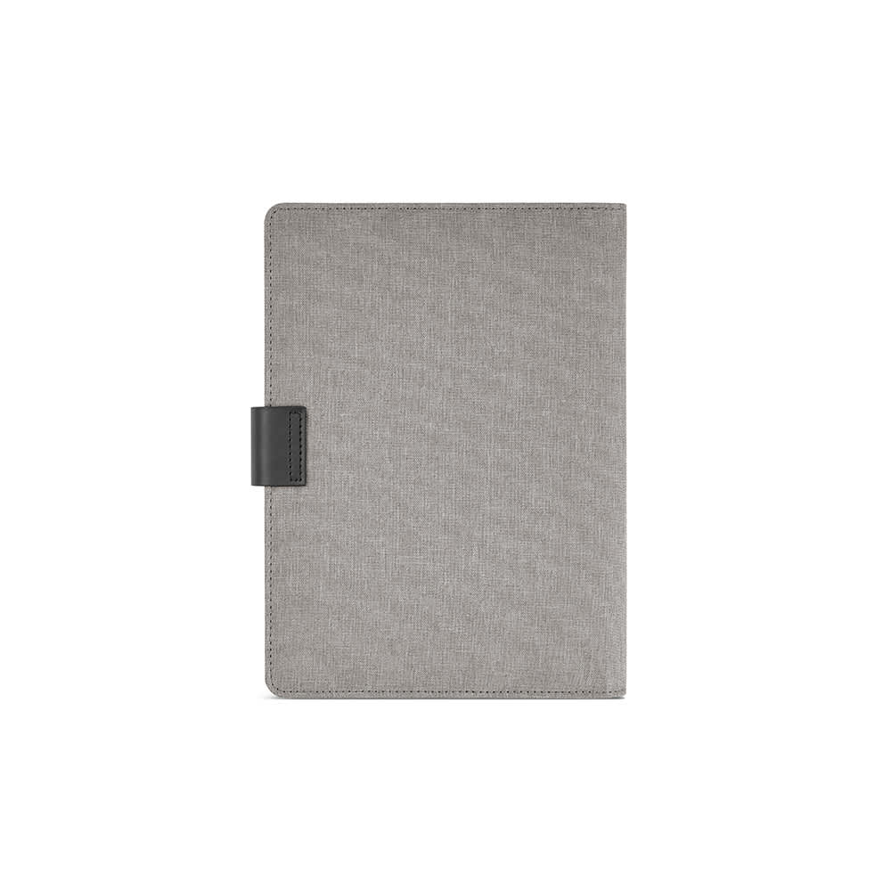 A grey folder made from rPET with a black rPU closure and containing 64 FSC® sheets notepad.