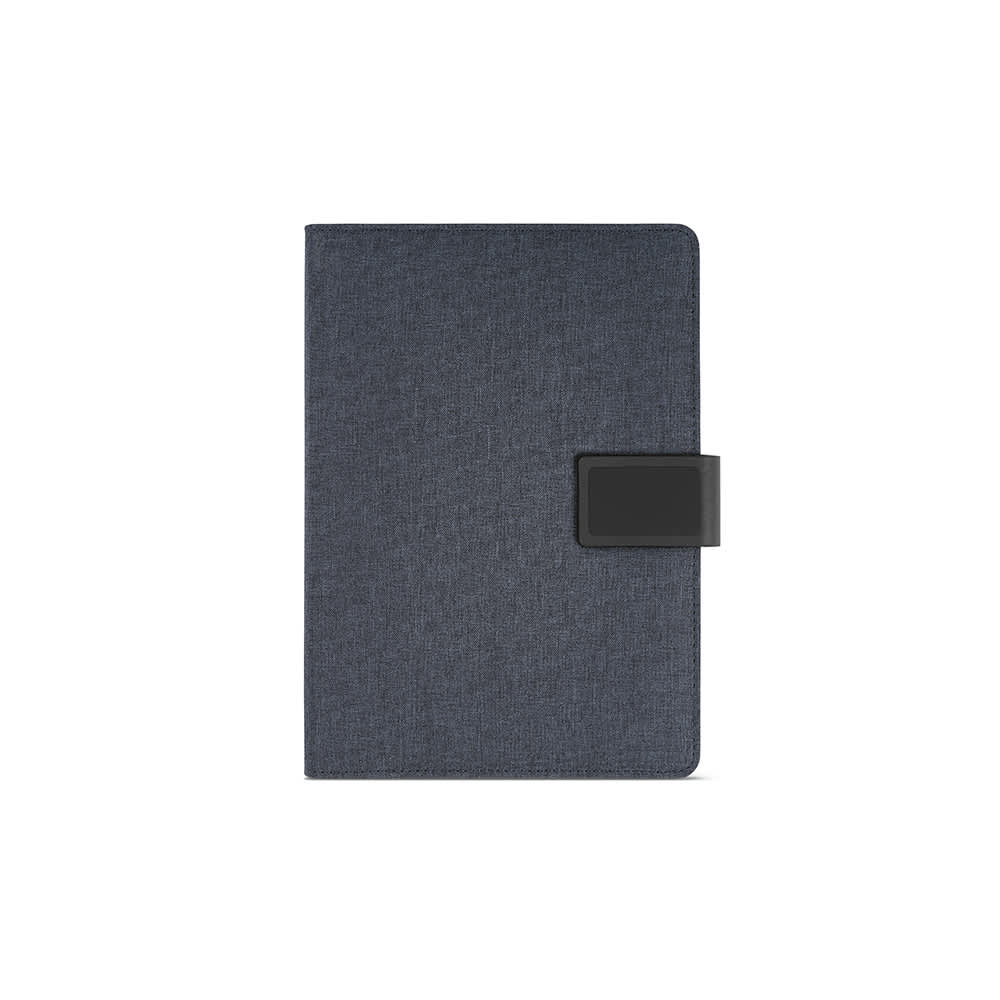 A dark blue A5 folder made from rPET, featuring a 64-sheet FSC® notepad and a rPU closure.