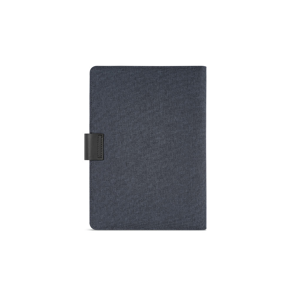 A dark navy A5 folder made from rPET, featuring a notepad and rPU closure, with a logo on the front.