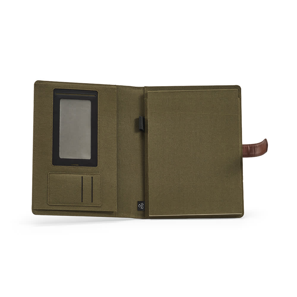 An olive-green A4 folder featuring a rPU closure, a notepad, and multiple card slots. Includes a logo.