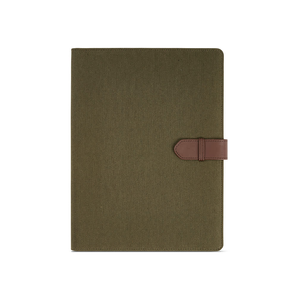 An olive green A4 folder with a brown rPU closure, featuring a textured surface and a logo.