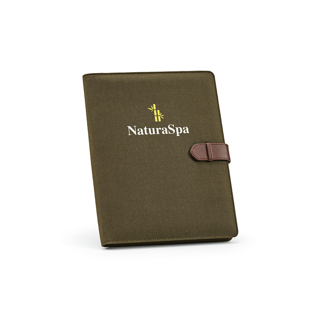 An olive green A4 folder with a brown rPU closure and a notepad inside. It features a logo on the front.