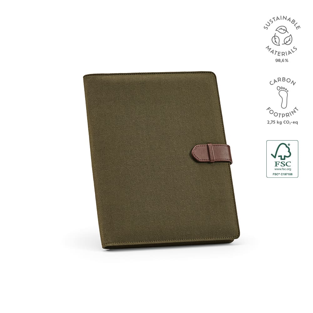 An olive green A4 folder made from rCotton, featuring a rPU closure and a logo.