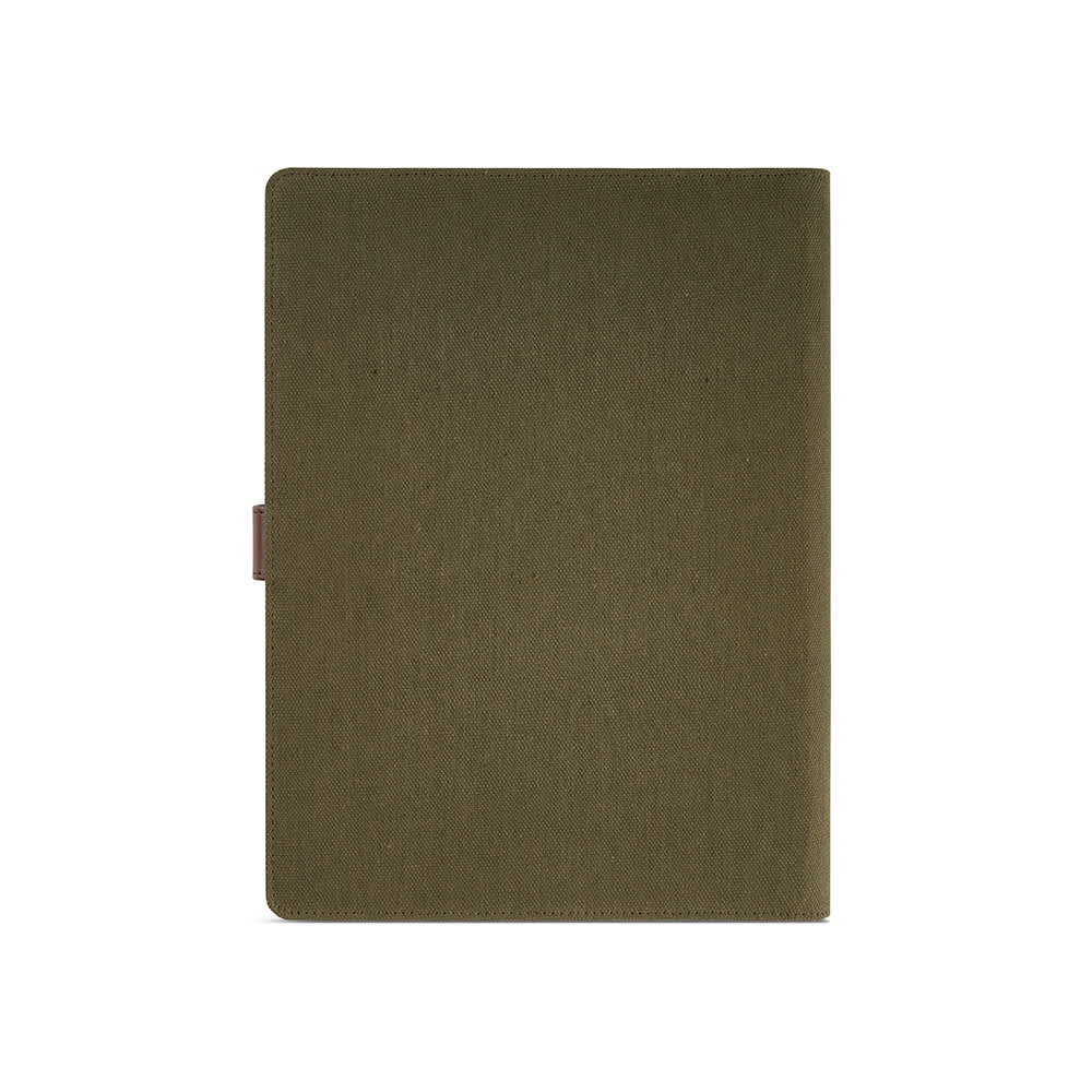 An olive green A4 folder with a rPU closure and a textured exterior, containing 64 FSC® sheet notepad.