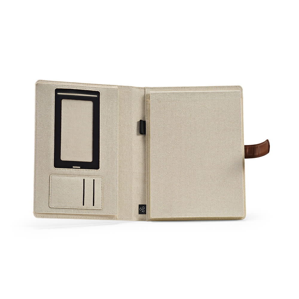 A natural-coloured A4 folder made from rCotton, featuring a notepad, card slots, and a rPU closure.
