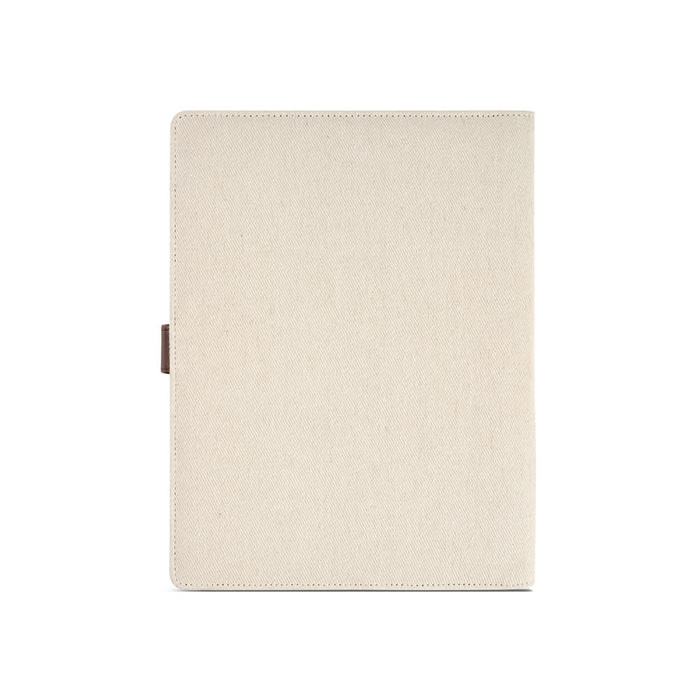 An A4 folder in cream colour with an rPU closure and a textured finish. Features a logo on the front.