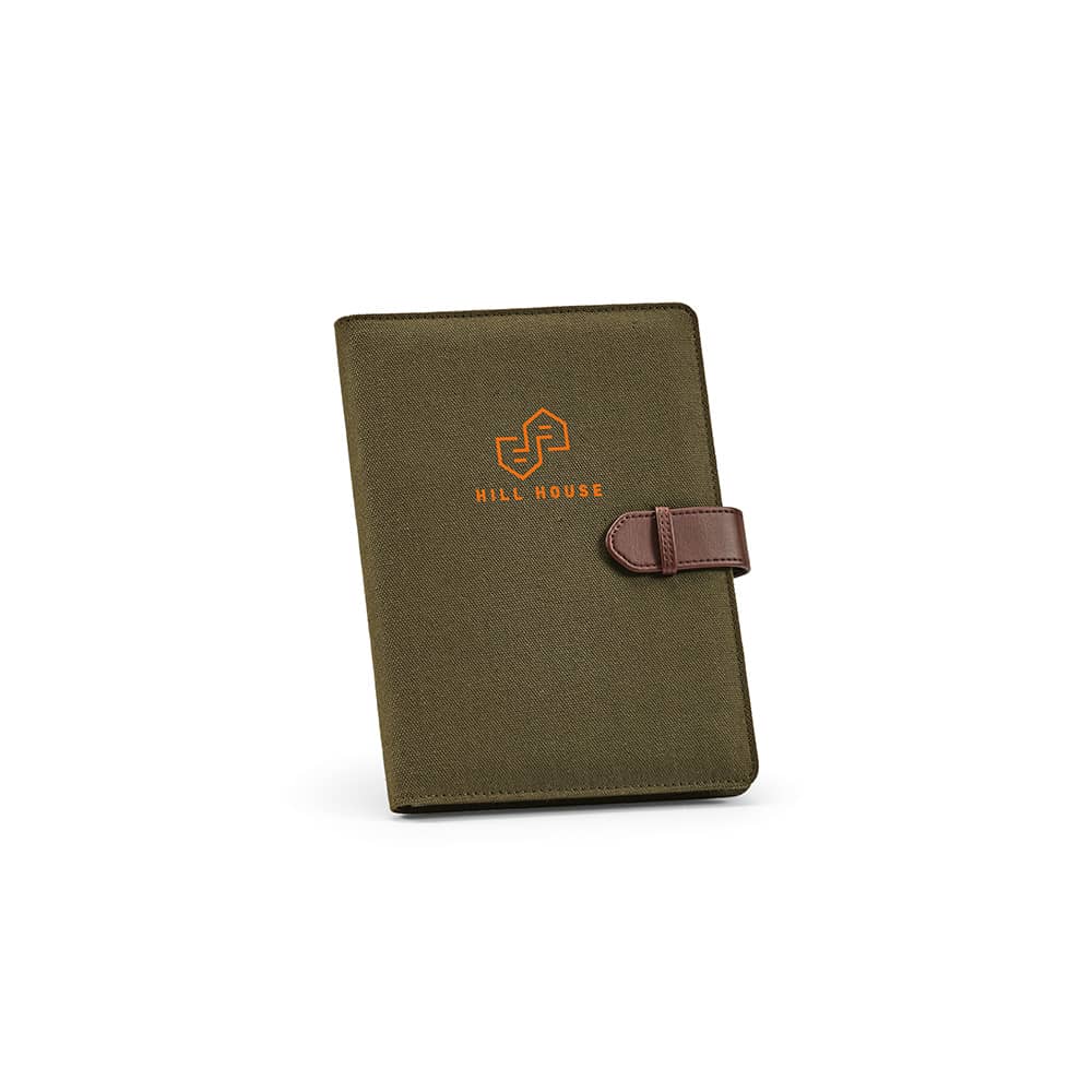 A green A5 folder made from rCotton, featuring a rPU closure and a notepad with 64 FSC® sheets. Includes a logo.