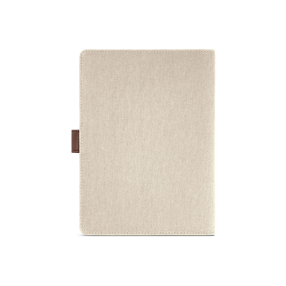 A beige A5 folder made from rCotton with a rPU closure and a brown tab. It includes a 64 FSC® sheet notepad inside.